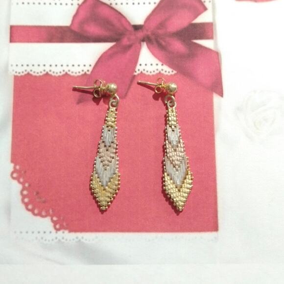 14k yellow rose gold Sterling Silver 925 Dangle Drop Earrings Tri Tone Posts - Picture 3 of 7